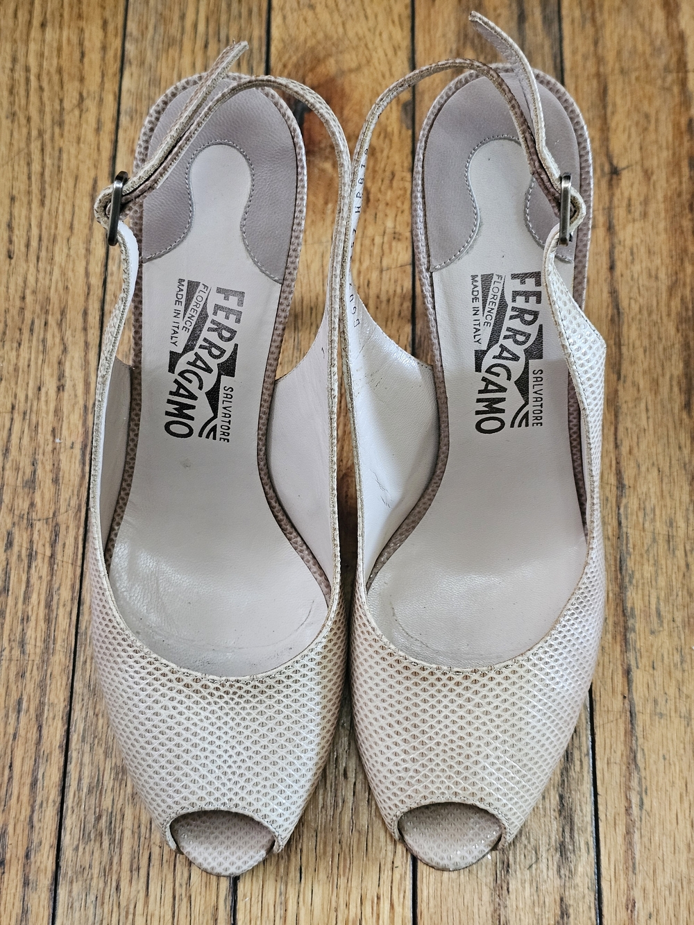 Salvatore Ferragamo Women's Beige Peep-Toe Slingback Heels